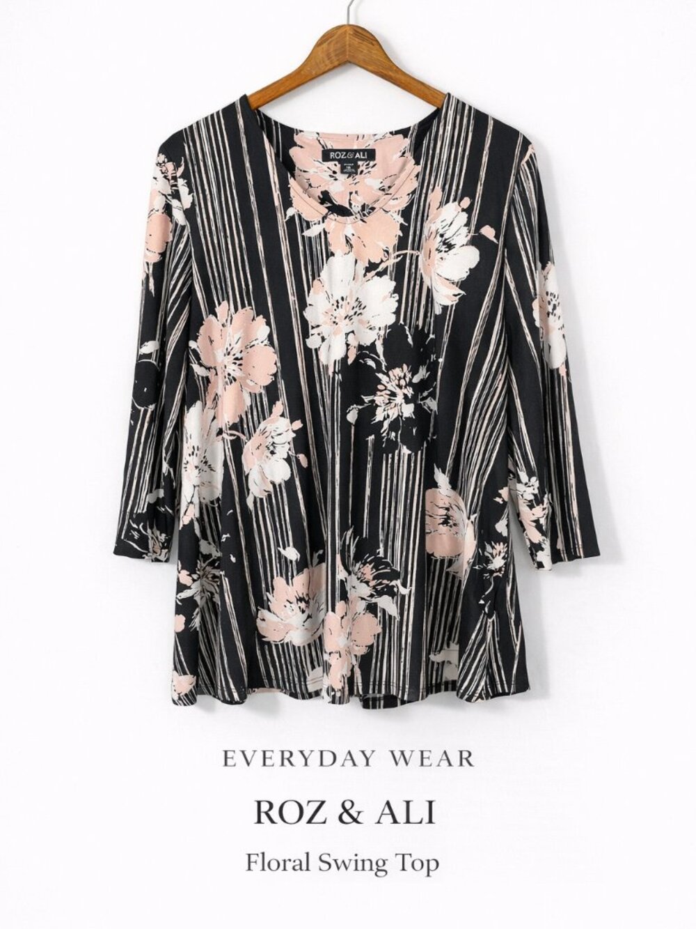 Roz & Ali Petite XL Floral Swing Top Black Pink 3/4 Sleeve Stretch - Picture 2 of 12